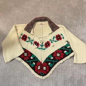 Free People Julie Girl Cream and Red Floral Knit Poncho